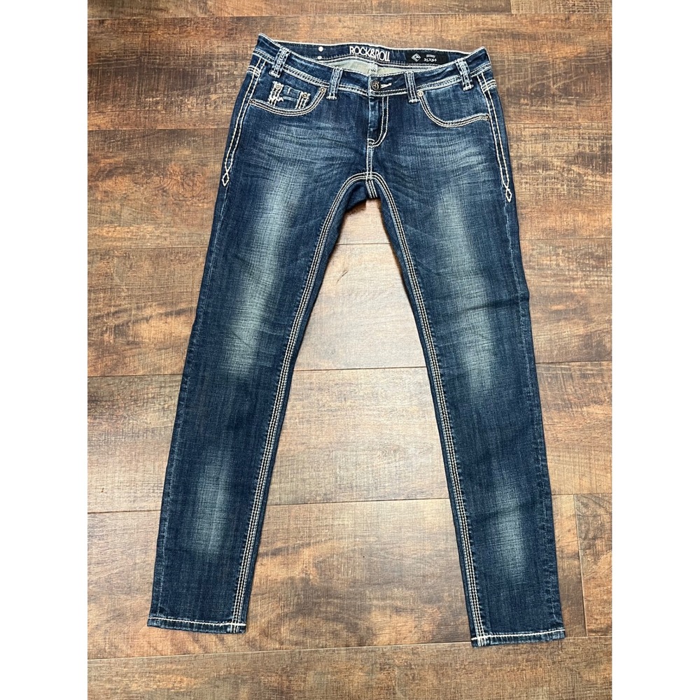 Rock And Roll Cowgirl Jeans Womens 31x34 Blue Skinny Denim White Stitch
